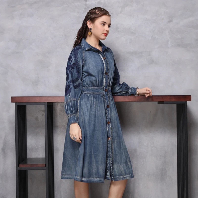 

Винтажное женское платье 2020, женские джинсовые облегающие платья, однобортное платье с отложным воротником, с вышивкой и длинным рукавом, ...