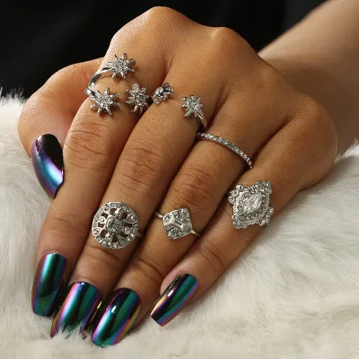 

Retro Ethnic Style Gemstone Rings Set For women Flower Diamond Geometric Elephant Butterfly Turquoise Set Ring Fashion Jewelry