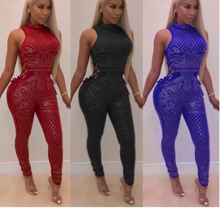 

Women Jumpsuit Summer Mesh Patchwork Diamond Turtleneck Sleeveless Off Shoulder Performance Club Party Outfits Women Romper