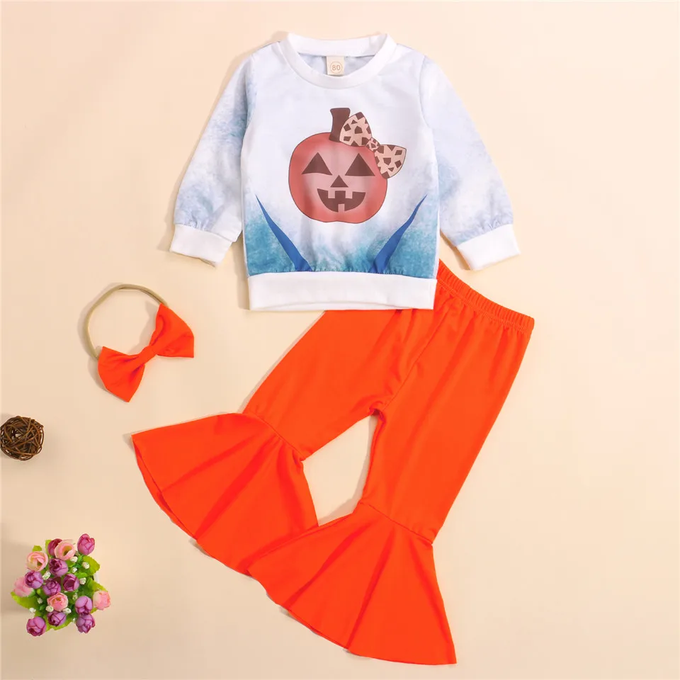 

Kids Halloween Suit Set, Pumpkin Print Long Sleeve Tops+ Flared Trousers+ Hairband Infant Girls Fashion Clothing Set