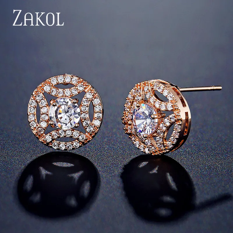 Rose Gold Color Высококачественные круглые серьги-гвоздики с кубическим цирконием для женщин и девушек, серьги-гвоздики с кристаллами CZ золотого цвета FSEP2255 - Окраска металла: Rose Gold Color