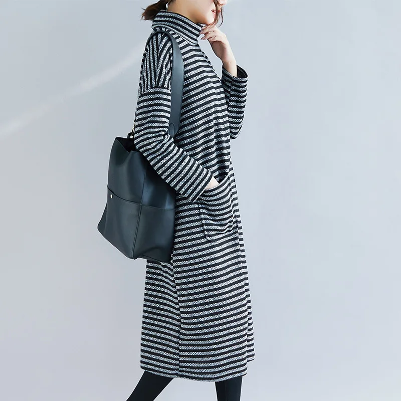 Новинка 2019 корейское Полосатое женское платье с высоким воротом Осеннее