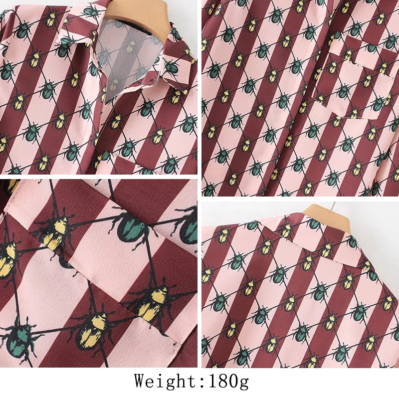 

HStar 2020 spring women casual long sleeve blouse print turn down collar ladies shirt pockets striped female blouse