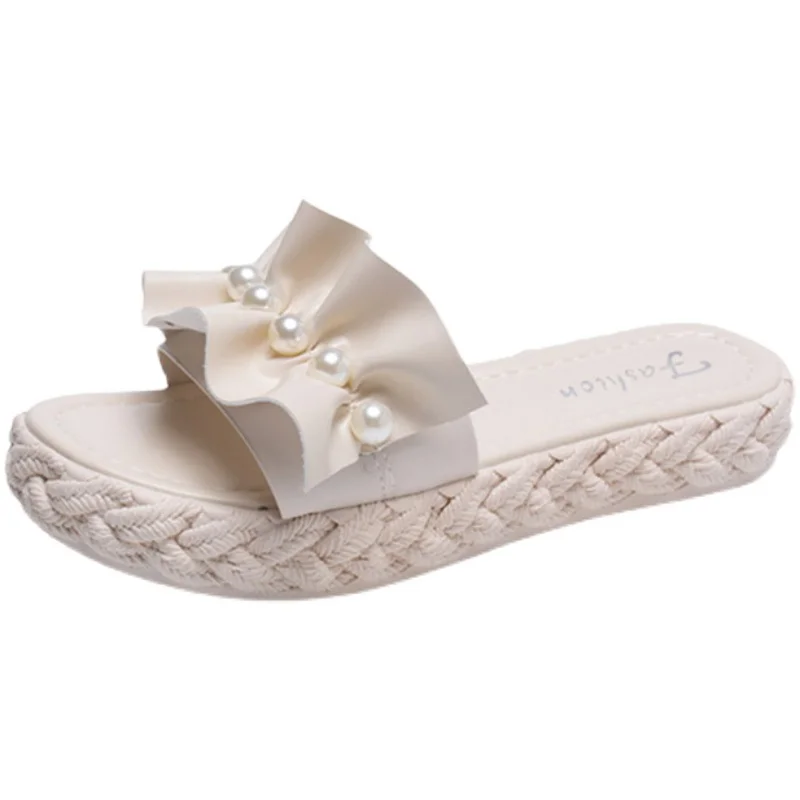 

Exquisite Pearl Thick-Soled Slippers Summer New Fashion Outer Wear Large Size Ladies Slippers