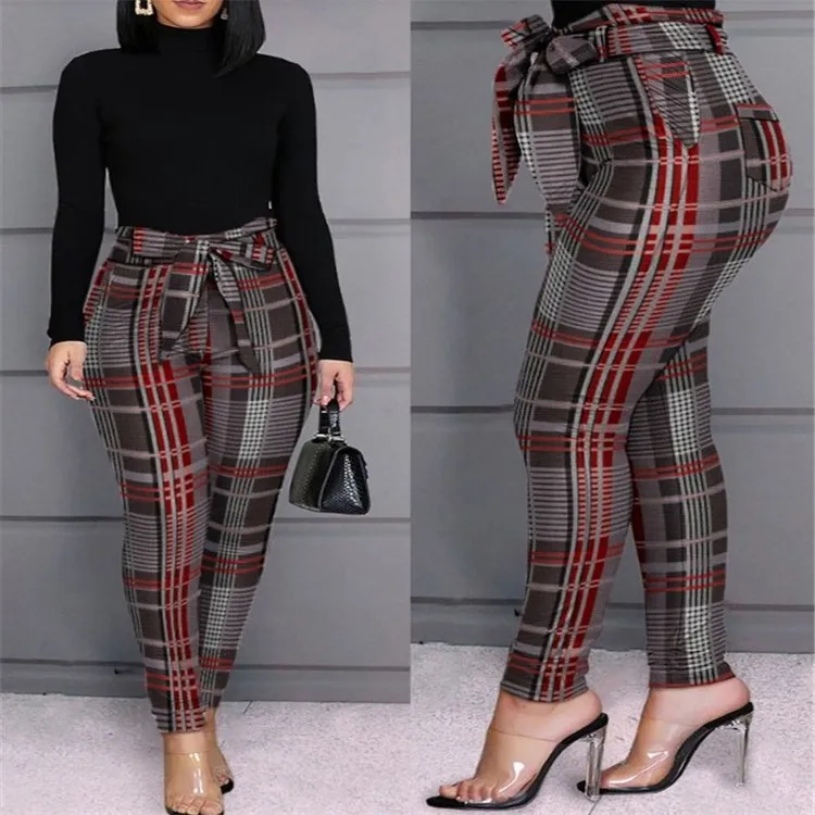 

Women's Plaid Pants 2021 New Casual Lace Up High Waist Pencil Trouser Female Streetwear Fashion Clothes