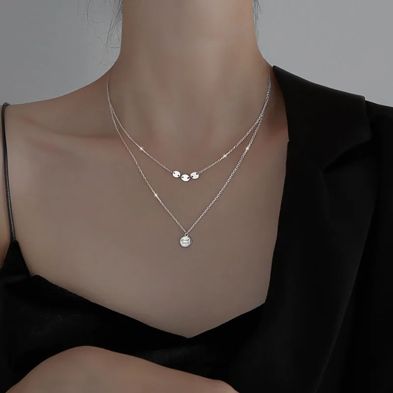 925 Sterling Silver Double-layer Round Bead Pendant Necklace Simple Fashion Female Clavicle Chain dz295 | Украшения и аксессуары