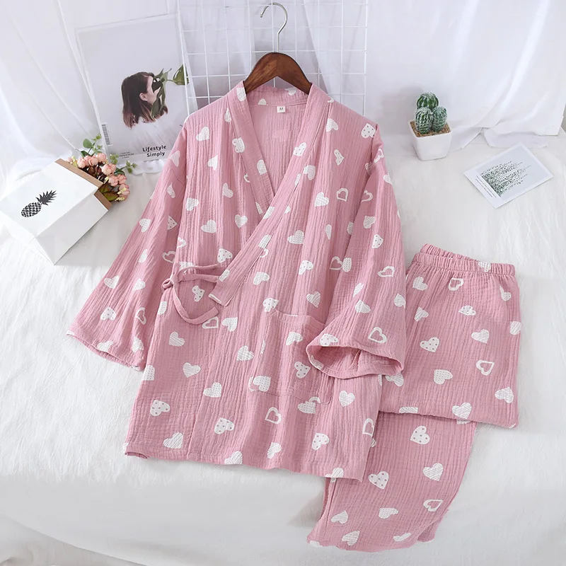 

Spring And Autumn Cotton Crepe Ladies Kimono Traditional Japanese Love Long Sleeve Pants Kimonos Cotton Gauze Home Set Yukata