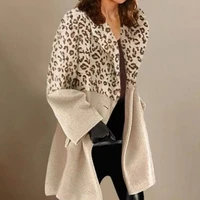 womens coat winterautumn 2021 pockets long sleeve warm leopard print patchwork lapel woolen coat ladies overcoat