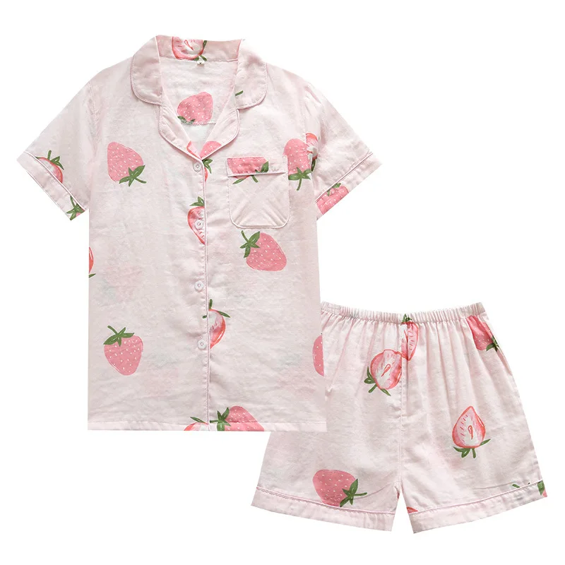 

2021 new ladies strawberry cotton double gauze short-sleeved shorts pajamas suit cute and comfortable home service women pink