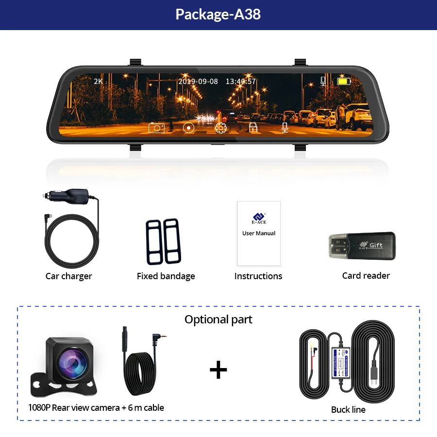 E-ACE A38 Автомобильный видеорегистратор 1" Сенсорное зеркало заднего вида 2K Dashcam с камерой заднего вида FHD 1080P Автомобильная камера с двумя объективами видео Dvr рекордер
