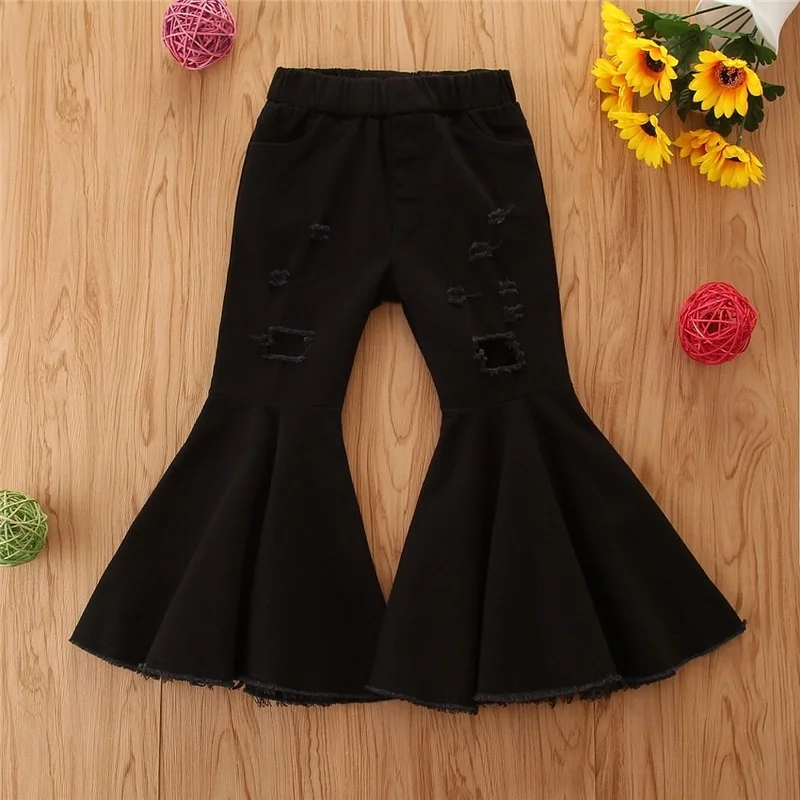 

New Korean Style Wide Leg Pants Girls Autumn Loose Straight Pants Runway Black Baby Girl Jeans Fahsion Ripped Trousers EY10141