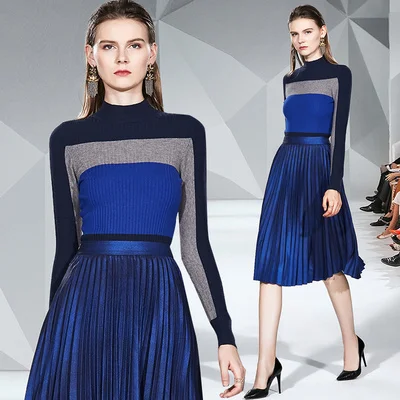 

Contrast Knitted Two Piece Set Top And Skirt Pleated Bottomed Women 2 Sets Clothing With Skirts Turtleneck Women's Sweater