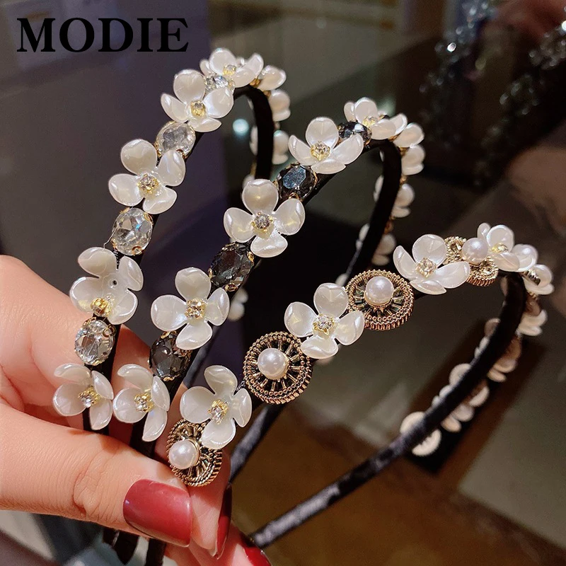 

Modie Girls Fashion Soft Material Pearl Style Hairband Sweet Headband Rhinestones Hair Decorate Set Popular Hair Accessories