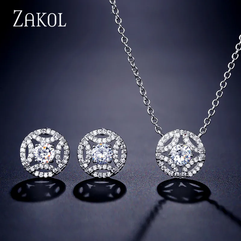 ZAKOL классические круглые серьги с кубическим цирконием ожерелье набор для женщин