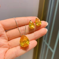qtt 2022 unique water drop earrings pendant necklace set yellow pink cubic zirconia wedding jewelry sets for women