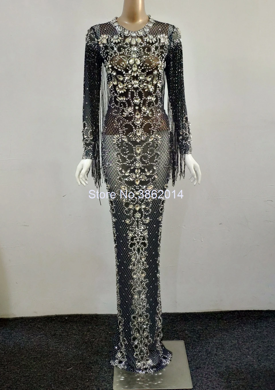 Черное прозрачное длинное платье из сетки с блестящими кристаллами вечерние