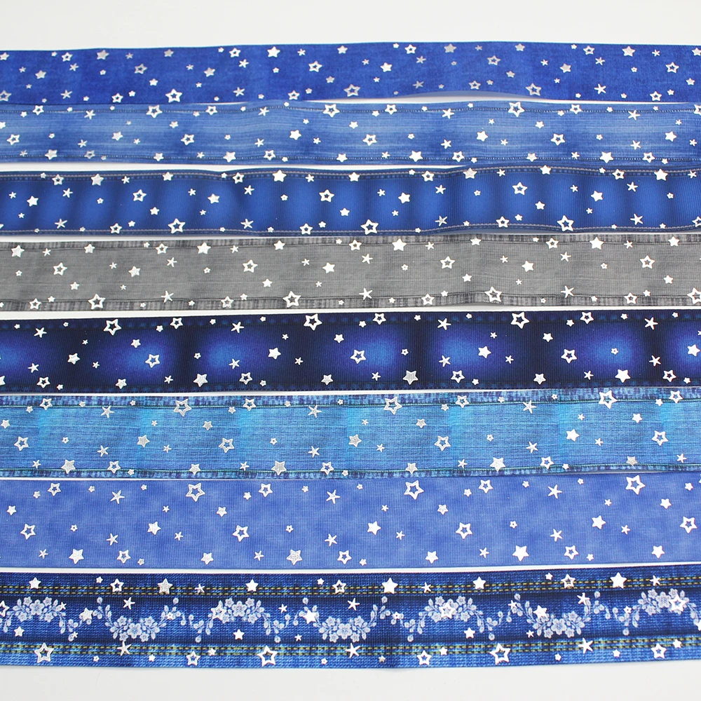 

New Silver Foil Denim Printed Luminous Star Ribbon Accessories Hair Bow Headdress Diy Handmade Hair Bow Accessories 10/25/50