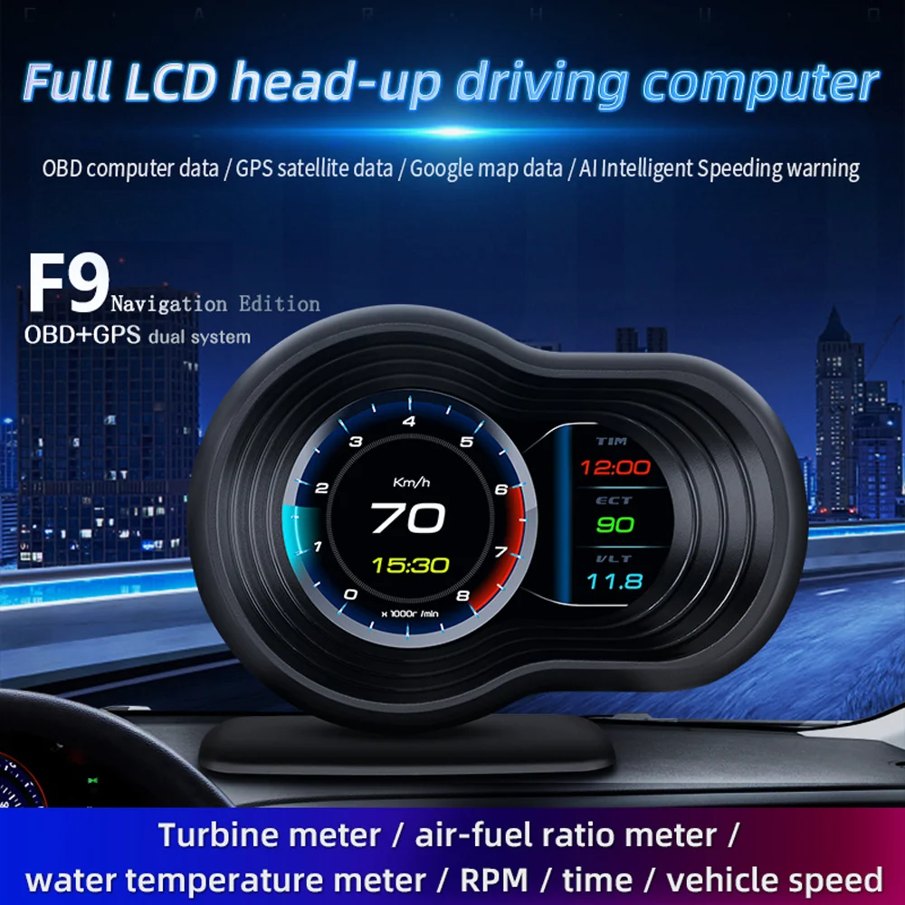 

OHANEE New F9 HUD OBD2 Head Up Display Car GPS Gauge Navigation Digital Speedometer Projector Turbo Oil Temp Computer
