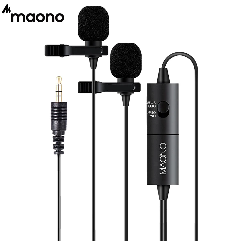MAONO Dual Lavalier Microphone HandsFree Clip-on Lapel Microphone Mini Collar Condenser Mic for Camera DSLR Phone PC Laptop