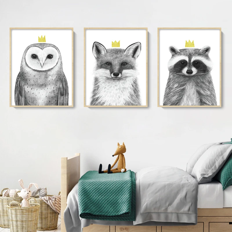 Детский постер на холсте с животными медведь лиса Сова корона художественные