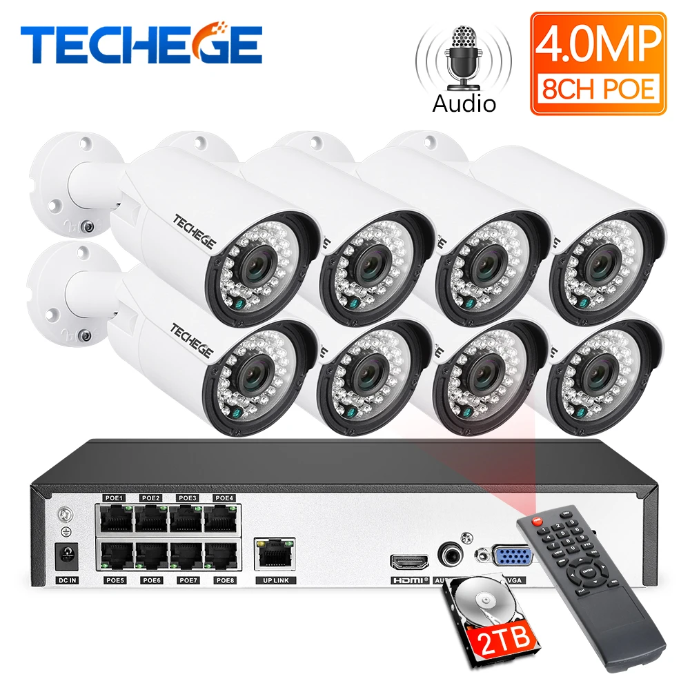 Techege H.265 8CH 4MP Аудио CCTV камера системы наружного водонепроницаемого наблюдения NVR комплект PoE камеры безопасности комплект обнаружения движения