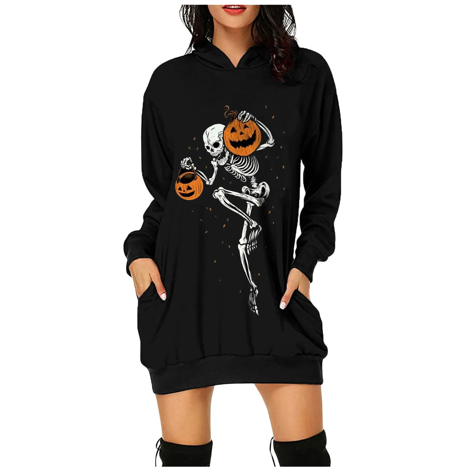 Женское платье с капюшоном и карманами длинным рукавом|Женские платья| |