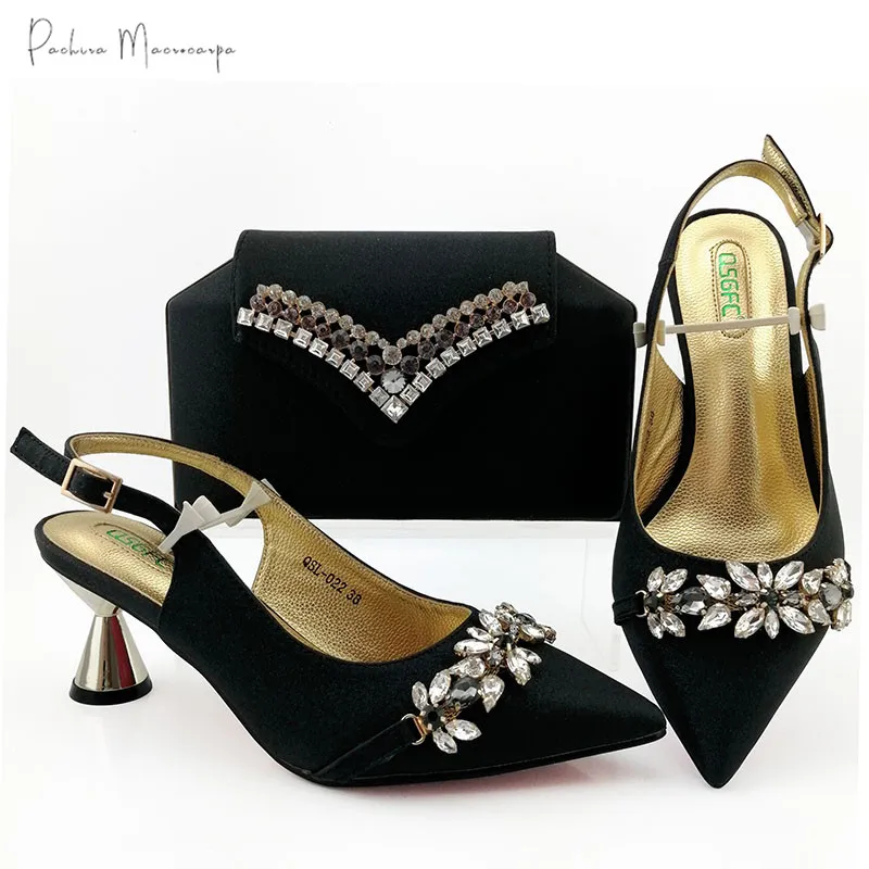 

Hot Selling Italian Design Black Color African Crystal Style Nigerian Women Shoes and Bag Set Decorated With Rhinestoe for Party