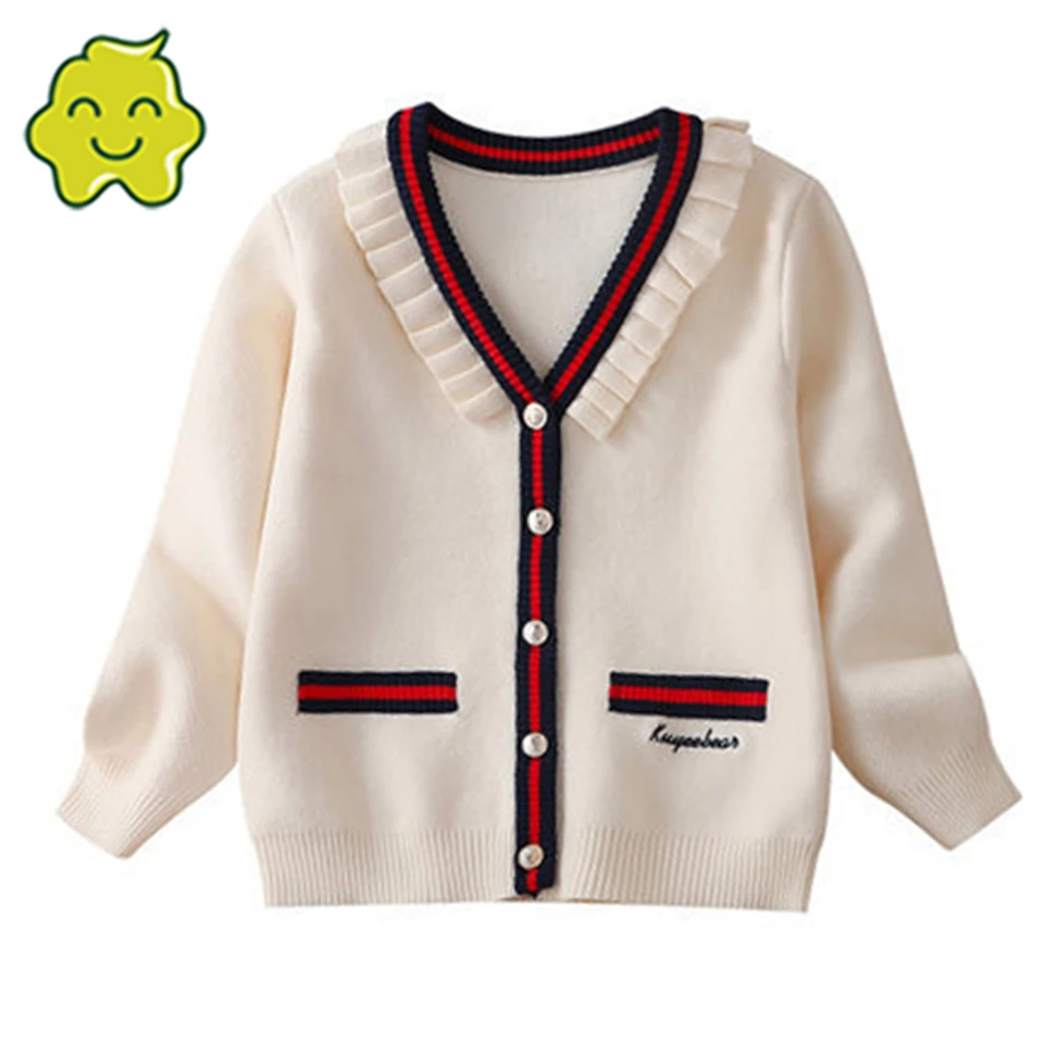 C&aacute;rdigan de punto a rayas para ni&ntilde;as, su&eacute;teres, abrigo, ropa para ni&ntilde;os, Bola de lana hecha a mano, Tops, oto&ntilde;o e invierno, 2021-0