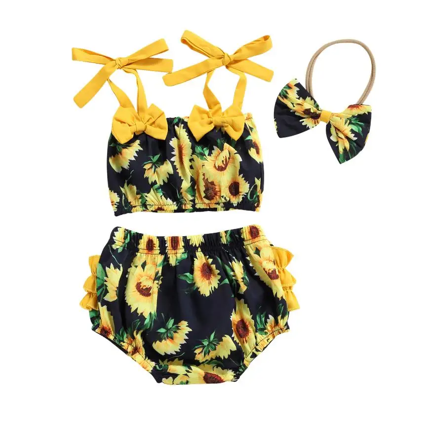 

3 шт. Одежда для маленьких девочек Летний принт подсолнечника без рукавов на подтяжках детский топ-футболка с коротким рукавом с изображени...