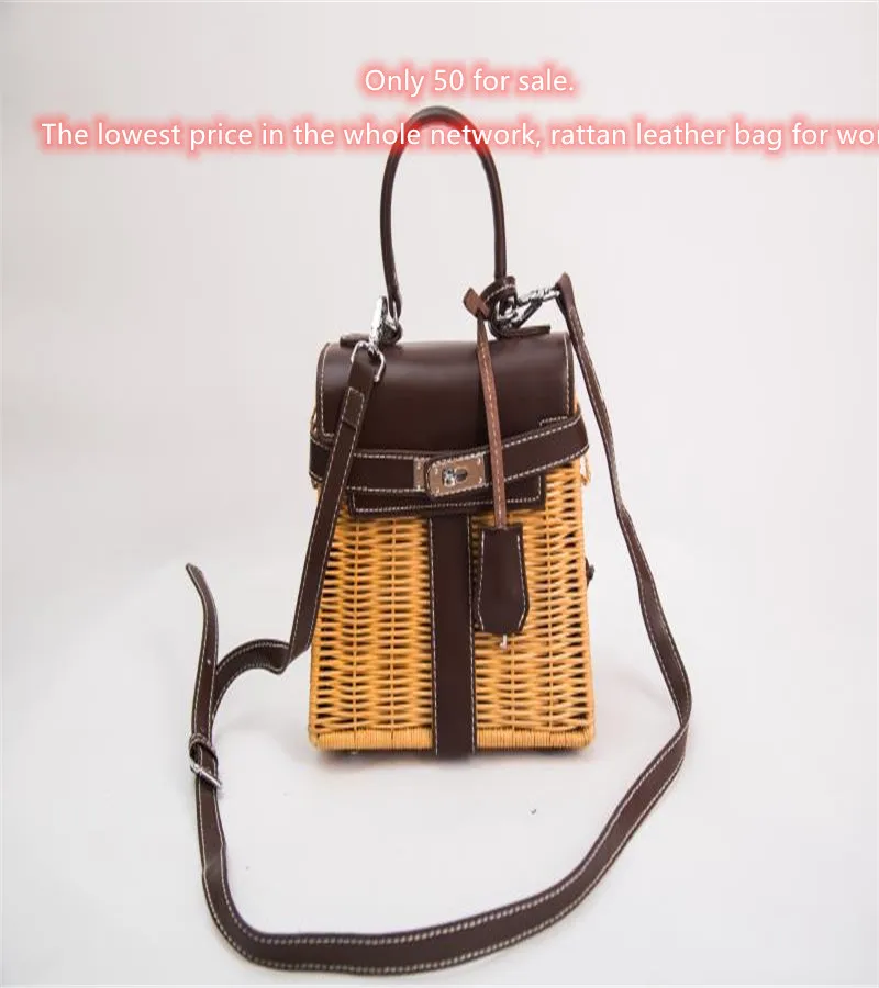 Кожаная женская сумка из ротанга азиатская плетеная вместительная сумочка с