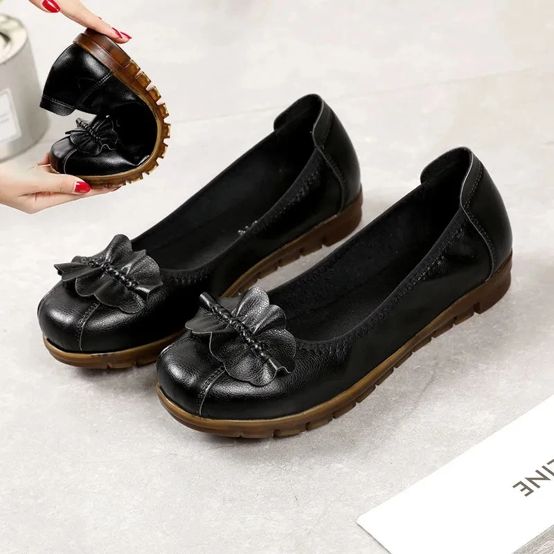 

Wear Resistant Split Leather Flats Women Summer Office Shoes Soft Black Loafers Women's Plus Size Shoes Ladies Moccasins Size 42