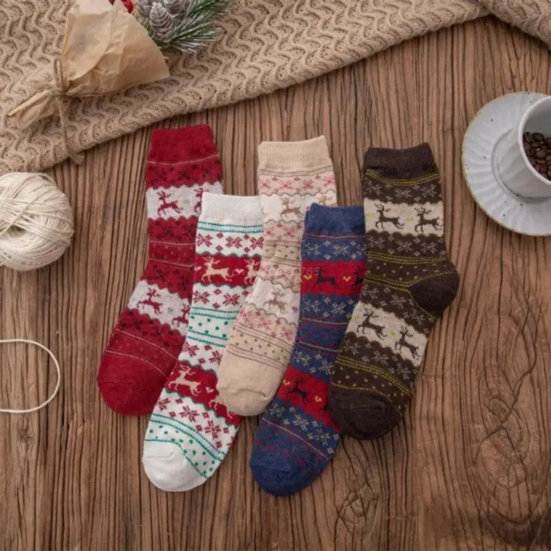 Women Winter Faux Wool Crew Socks Cartoon Christmas Elk Reindeer Striped Patterns Colorful Soft Cozy