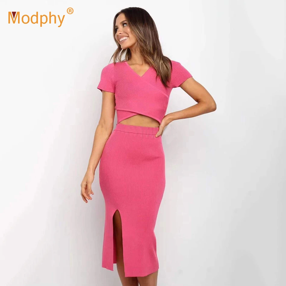 

Free Shipping Women Knitted Two Piece Set Short Pullover Top & High Waist Split Skirt Casual Knit Sets 2022 Female Streetwear