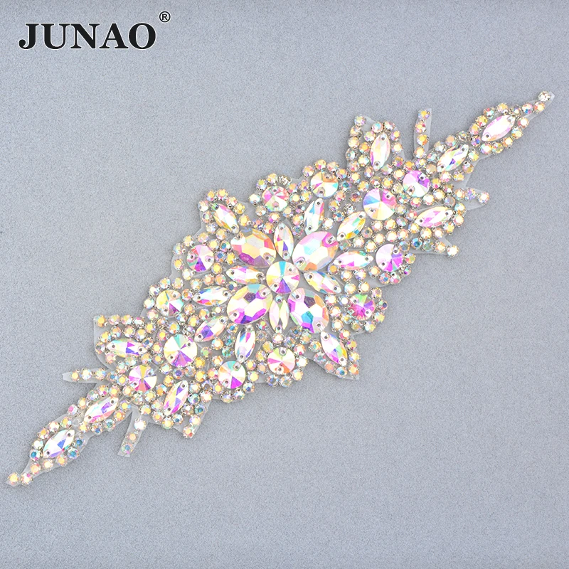 

JUNAO 90*240mm Sewing Crystal AB Flower Rhinestone Patches Hotfix Crystal Applique Iron On Patche Strass Motifs Wedding Dress