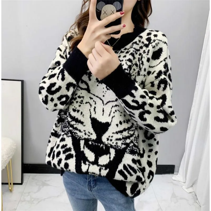 Женский трикотажный свитер YASUGUOJI повседневный с леопардовым принтом в стиле