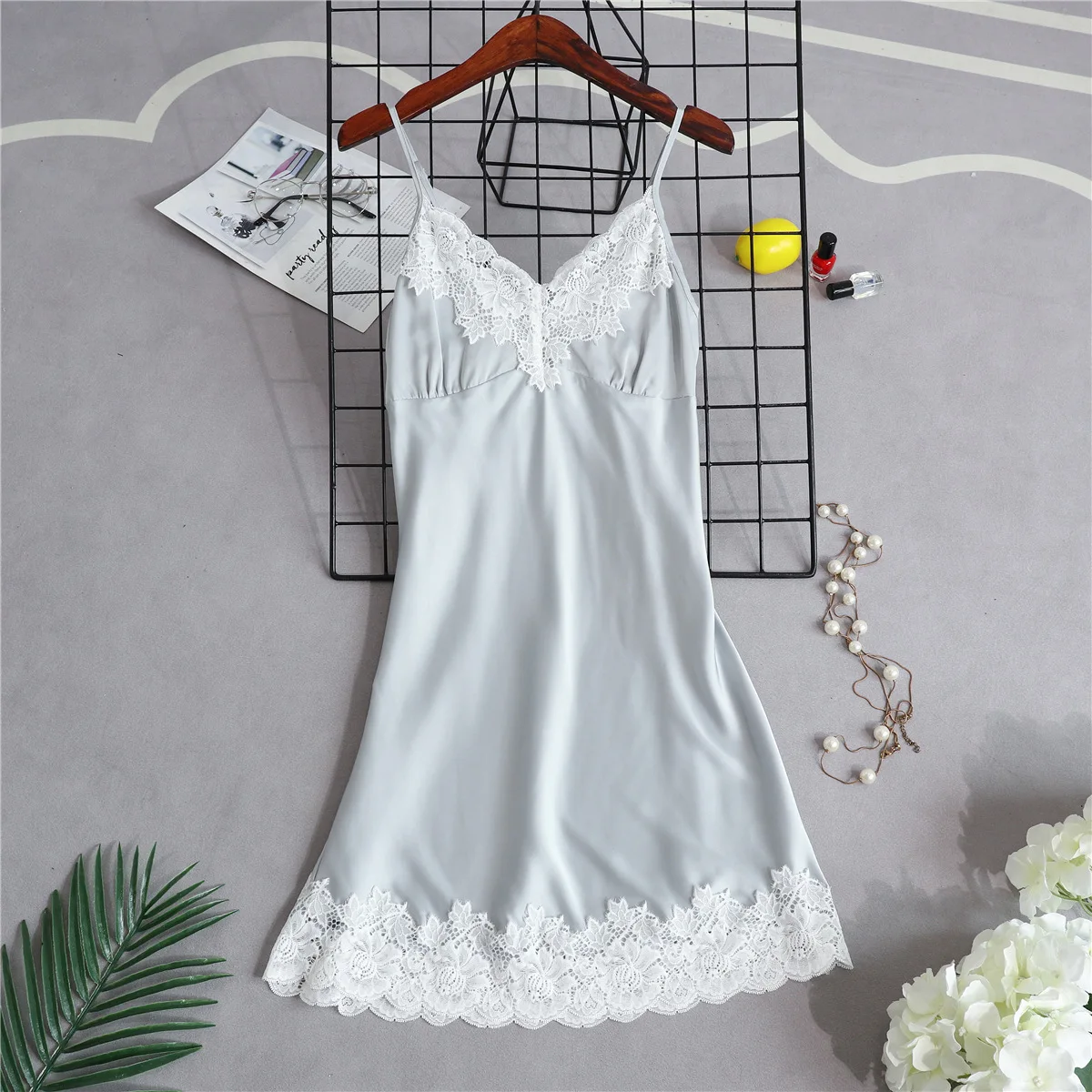 Женская ночная рубашка с v образным вырезом Сексуальная кружевная Пижама без