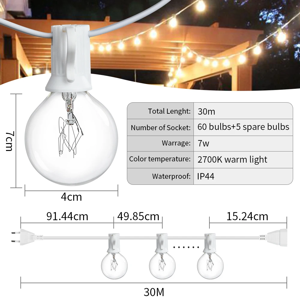 Гирлянда G40 с круглыми лампочками белый садосветильник шнурок в стиле ретро для