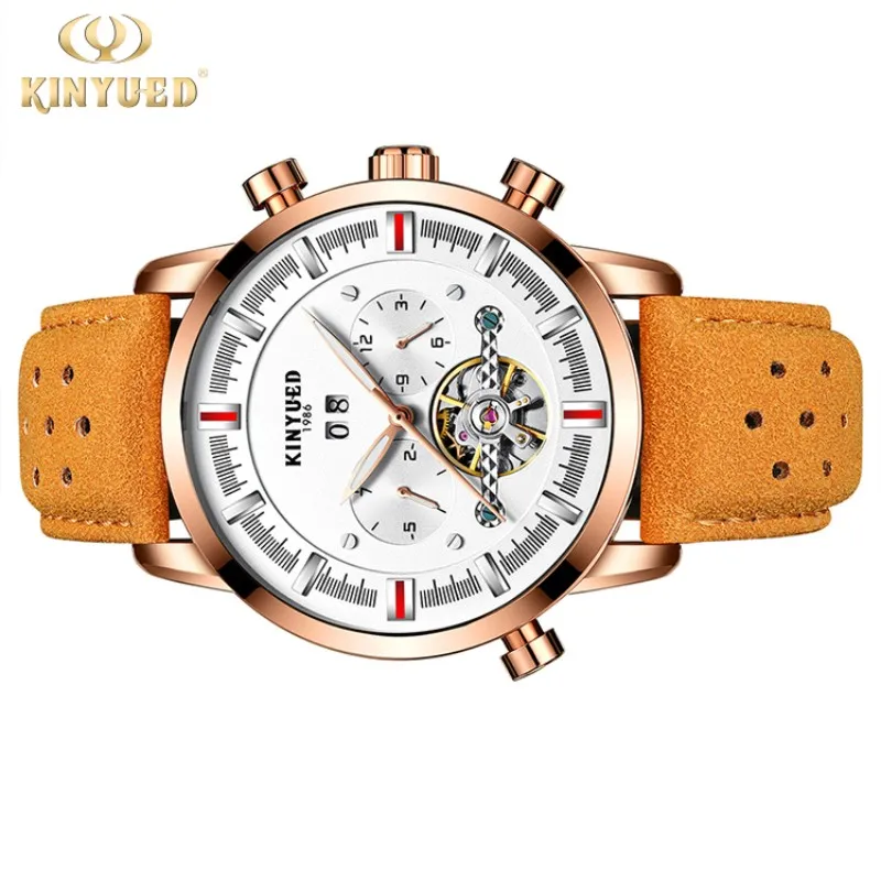Натуральная KINYUED Jin Yueda мужской кожаный ремешок большой циферблат tourbillon