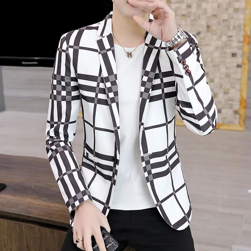 

Checked Suit Jacket Men's Spring and Autumn New Style Suit Casual Fashion Top Youth Handsome Hong Kong Style Men's Clothing