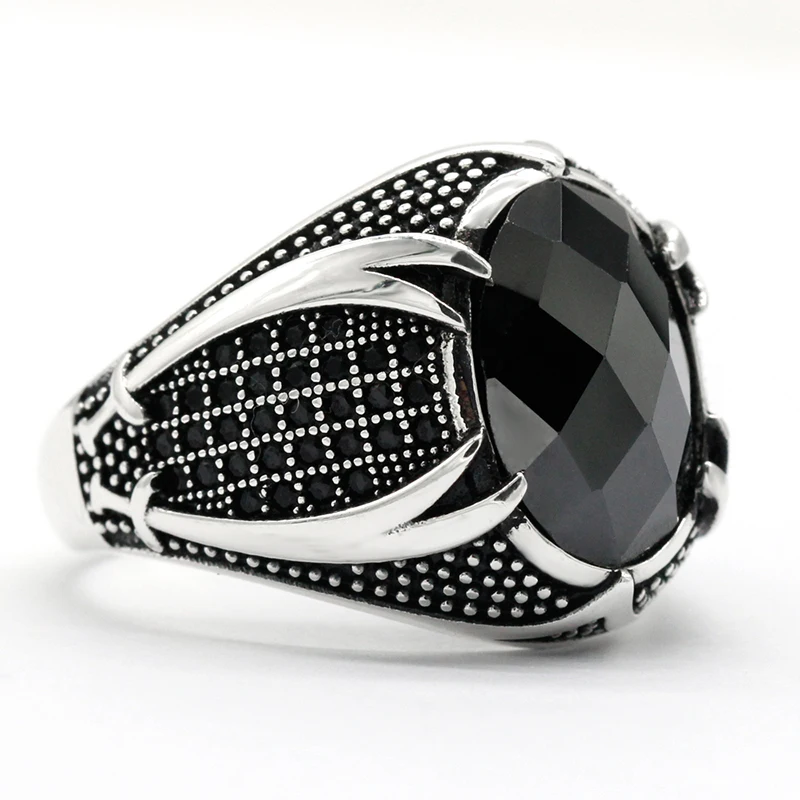

Мусульманское кольцо для мужчин с черным фианитом, искусственное серебро, винтажные религиозные турецкие мечи, мужское кольцо, серебряные ...