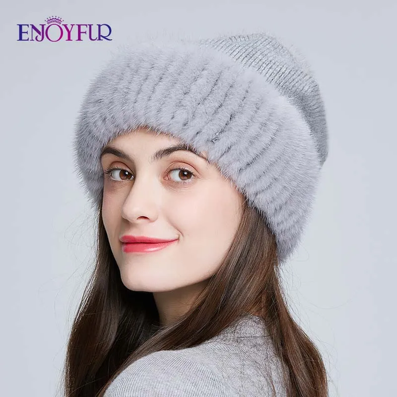 ENJOYFUR, зимние шапки из меха норки и шерсти для женщин, теплые модные женские шапки с большим помпоном, Новые однотонные вязаные шапки - Цвет: 06
