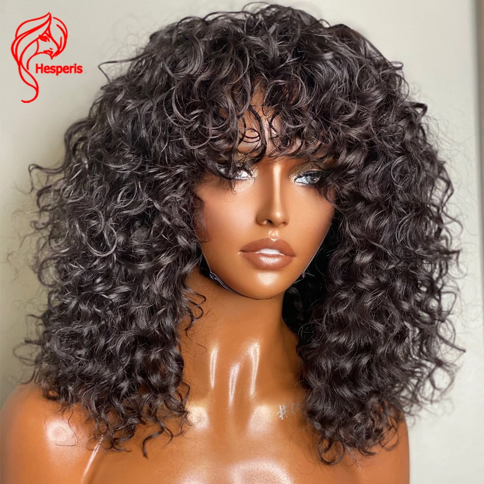 Online Hespermis Jerry Wig Rambut Manusia Keriting Dengan Poni Penuh Mesin Dibuat Wig Kulit Kepala Atas Untuk Wanita Peru Remy 200 Kepadatan