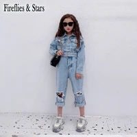 spring autumn girls denim overall baby one piece kids jumpsuits children streetwear clothes ripped hole waistbelt 4 to 14 yrs