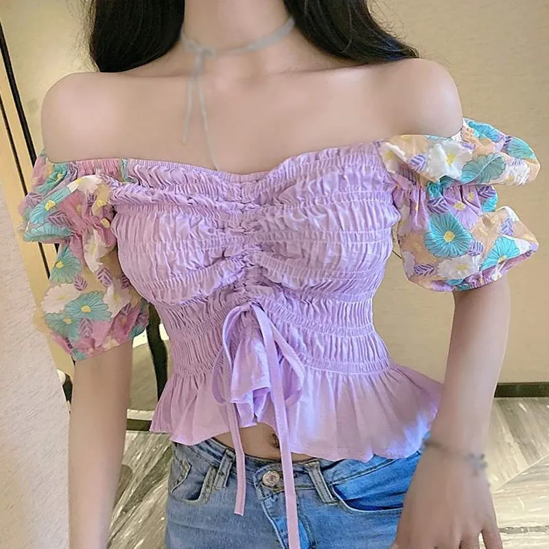 

ETOSELL Blouses Drawstring Short V-Neck Floral Patchwork Women Blouses Two-wear Puff Sleeve Shirt