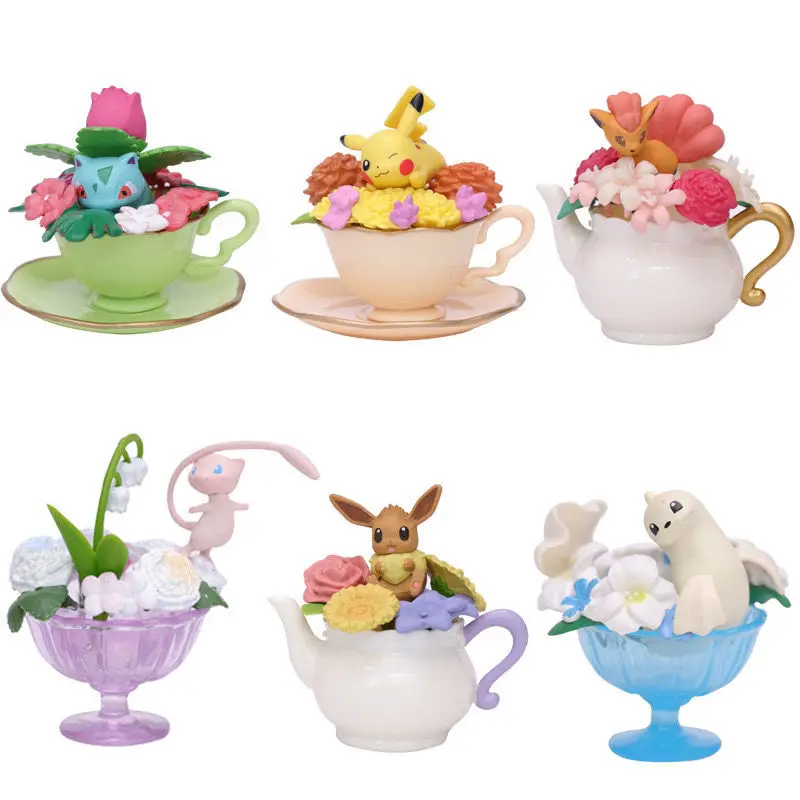 

New Pokemon 6-Piece Suit Pikachu Flower Teacup Pokemon Figure Toy Doll Model Micro Landscape Decoration Ornaments Children's Toy