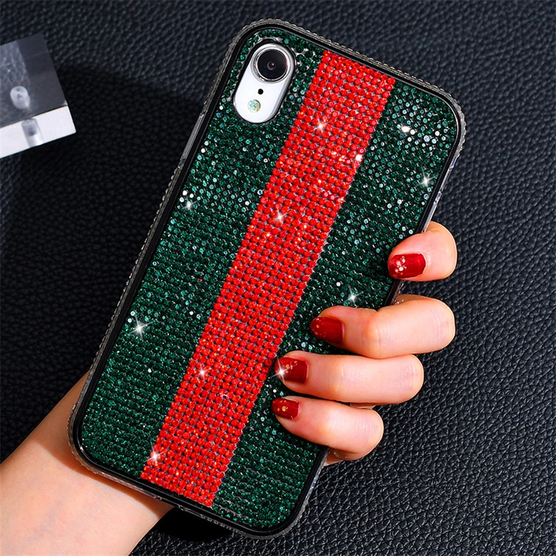 Модный женский чехол в полоску с бриллиантами для IPhone X Xs Max Xr 8 7 6 6s Plus, жесткий чехол для телефона, роскошный бренд, Fundas 8plus Capa