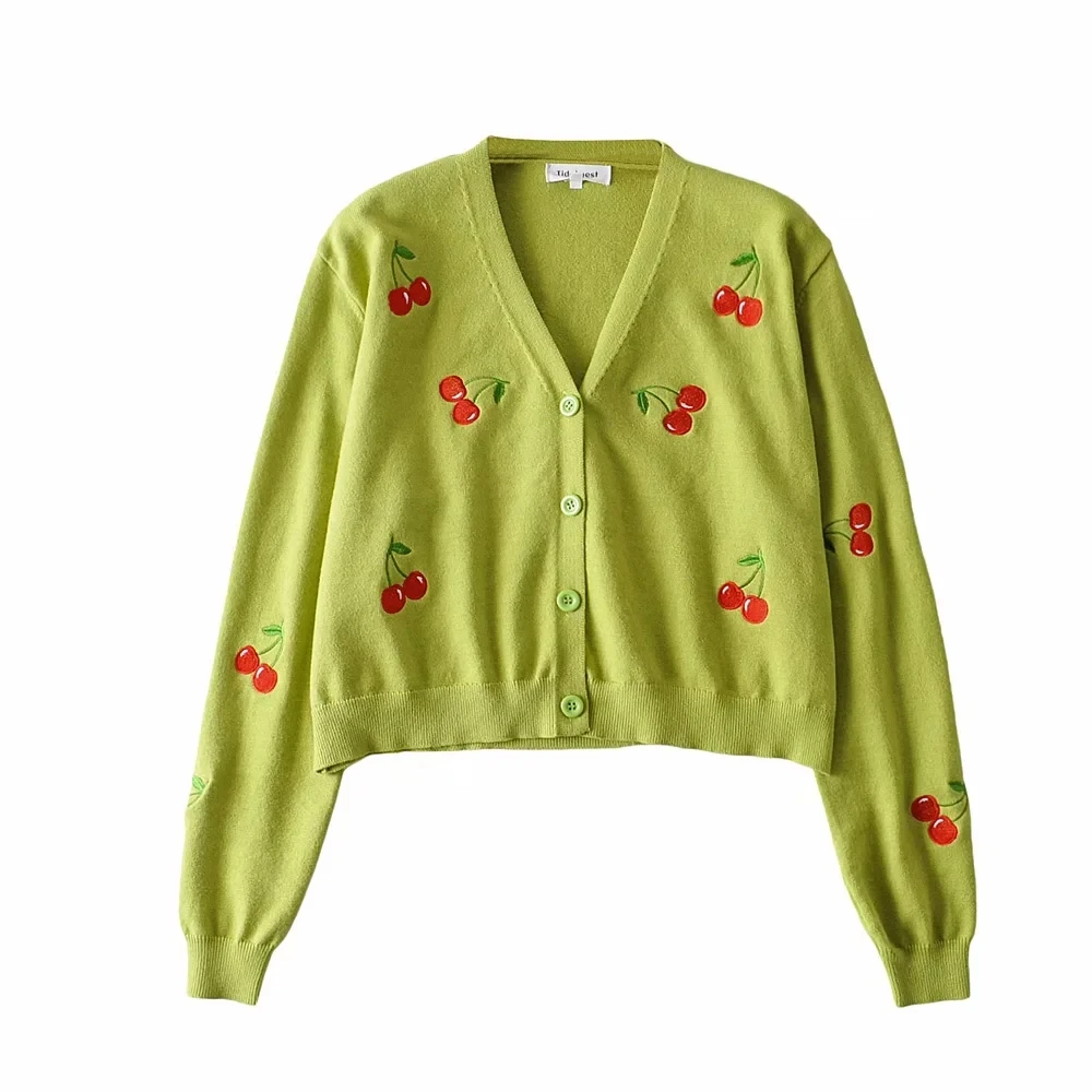 

Vintage Cherry embroidery cardigans sweater women korean sweater Women knitted cardigans coat 2020