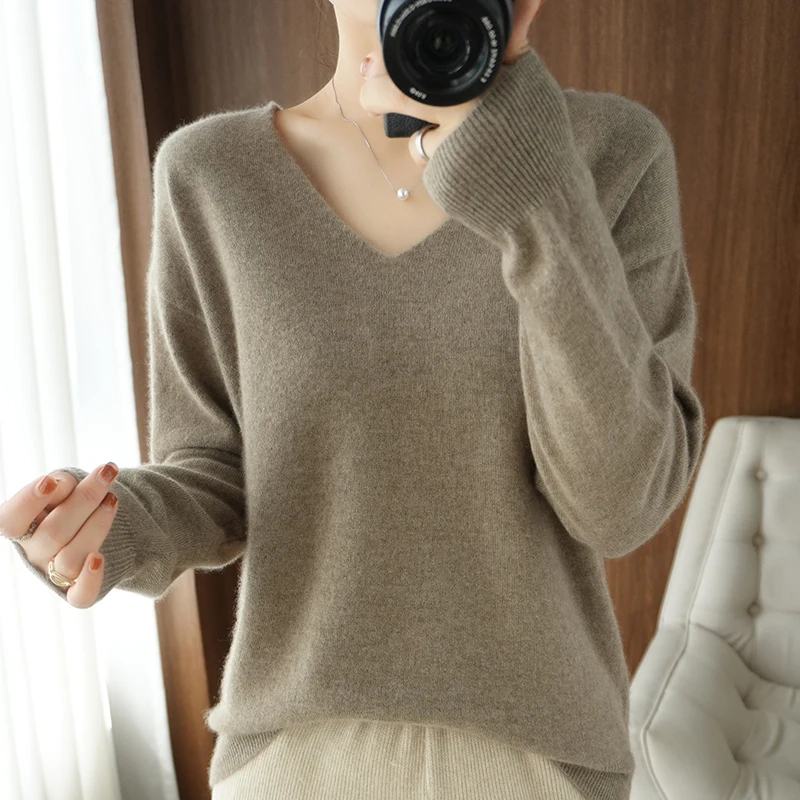 

100% шерстяной свитер Lafarvie, женские топы, сезон осень-зима, модный тонкий вязаный женский пуловер с V-образным вырезом и длинным рукавом, джемп...