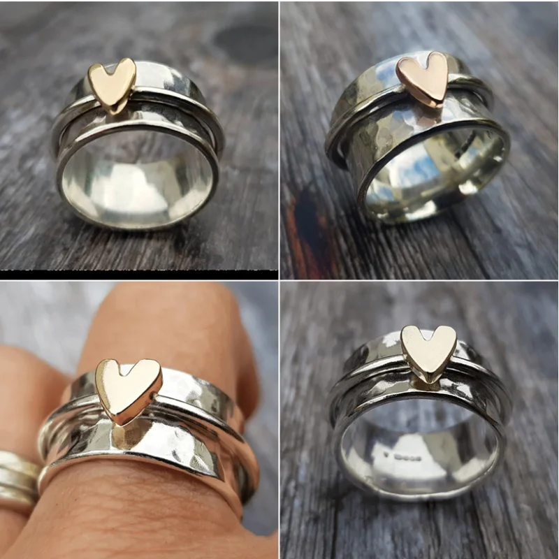 

European Creative Heart-shaped Simple Women's Ring Fashion Retro Two-color Silver Color Handmade Ring Leisure Party Girlfriend
