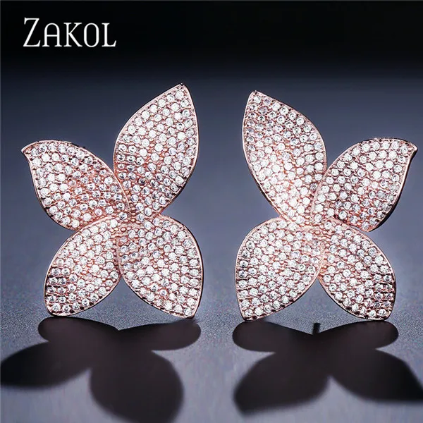 Rose Gold Color ZAKOL новые модные роскошные серьги-гвоздики с бабочкой AAA кубическим цирконием, с большим цветком, для женщин, вечерние, подарки FSEP2078 - Окраска металла: Rose Gold Color